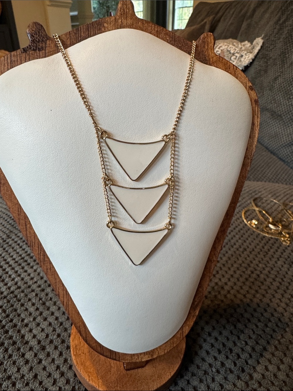 Gold Triangular Layered Pendant Necklace - White Inlay